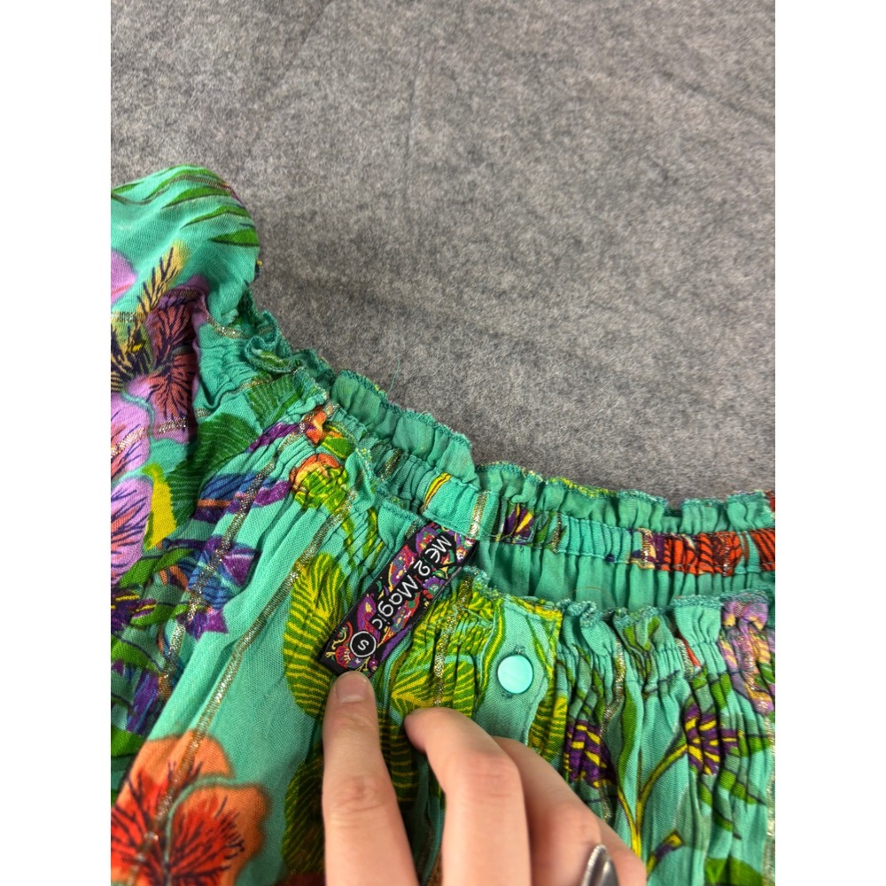 Me 2 Magic Floral Maxi Dress Green Tropical Gold Metallic Boho Smocked Womens S - Picture 4 of 7